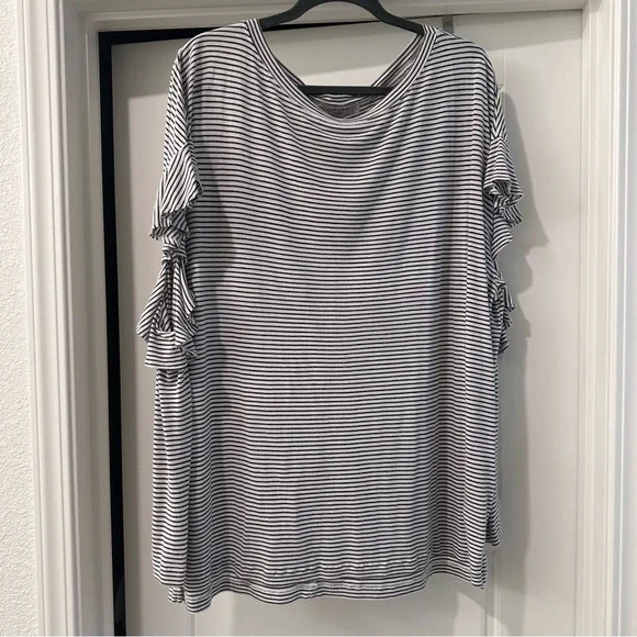 All Saints Striped Ruffle Sleeve Top - Black and White - Picture 3 of 5